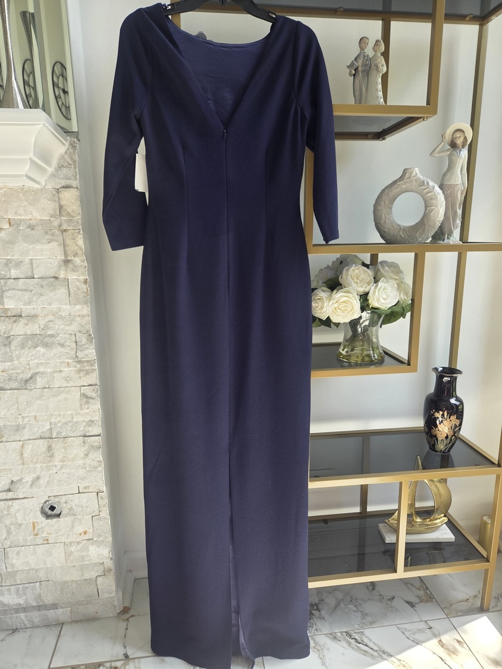 STRETCH CREPE 3/4 SLEEVE GOWN WITH ORGANZA APPLIQUE NAVY - Picture 6 of 8